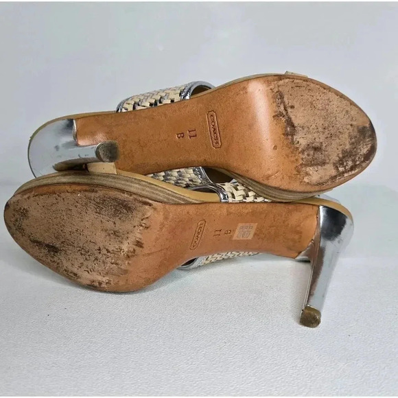 Coach Steffi Woven Slingback Stiletto Heels Silver Metallic Tan Leather 11 B - Picture 9 of 11